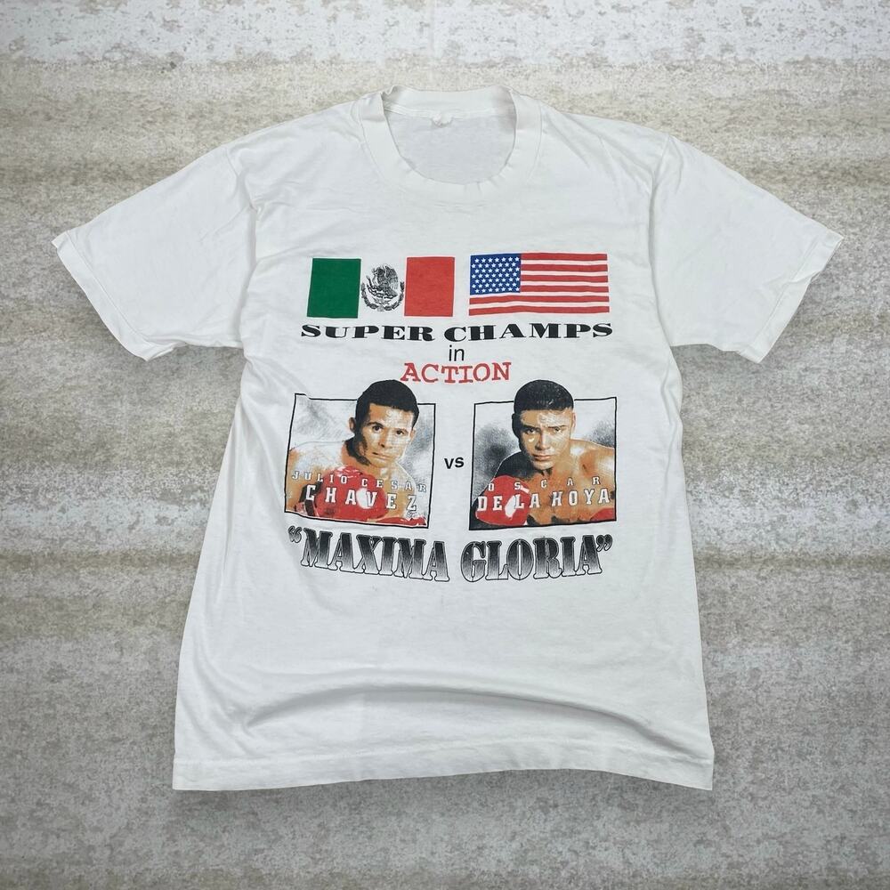 Vintage 90s La Hoya vs Cesar Boxing Shirt Men L White Short Sleeve Single Stitch